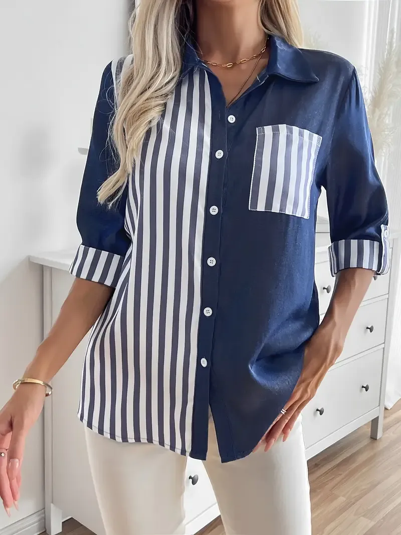 Stripe Print 3/4 Sleeve Pocket Blouse for Women, Casual Spring Summer Top