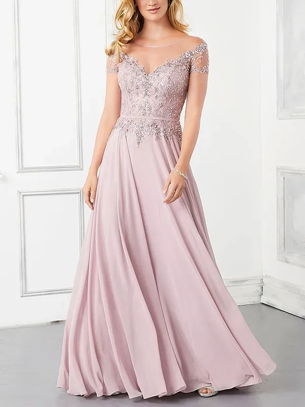 A-Line Evening Gown with Crystal Beading on Lace Bodice with Chiffon Dress