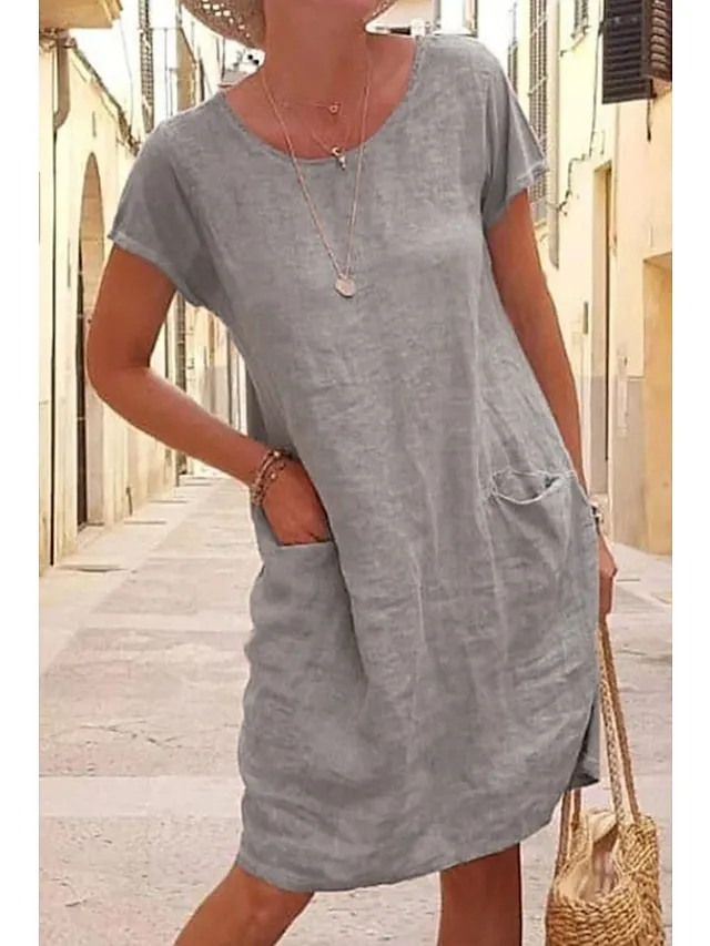 Women‘s Shift Dress Knee Length Dress Short Sleeve Pure Color Pocket Spring Summer Crew Neck Basic Casual Classic Loose 2023 S M L XL 2XL 3XL 4XL 5XL / Cotton
