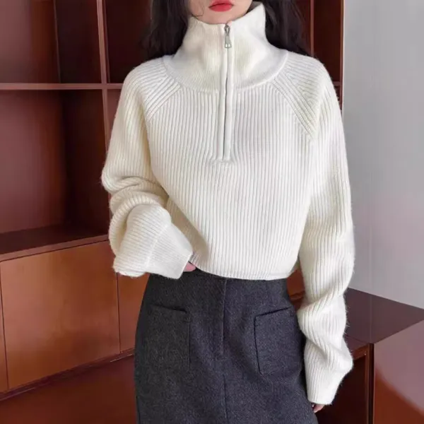 Retro Half Zip Cropped Bat Sleeve Pullover Sweater