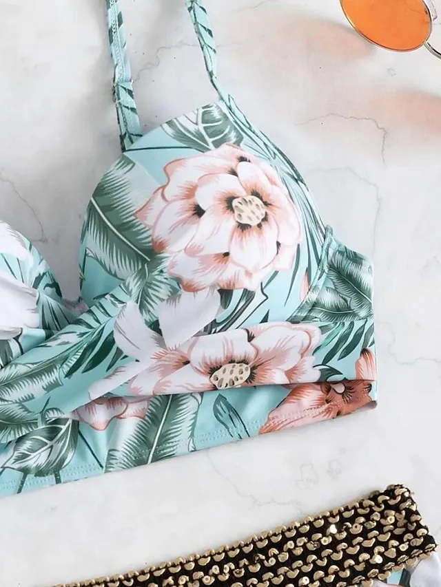 Women's Swimwear Bikini Normal Swimsuit 2 Piece Printing Floral Purple Green Bathing Suits Sports Beach Wear Push Up