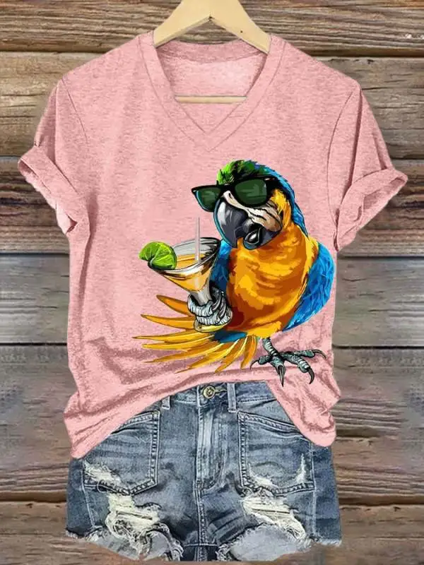 Women's Funny Drinking Parrot Print T-Shirt