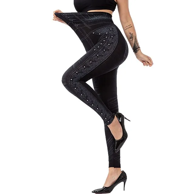 Women's Tights Leggings Jeggings Plain Tummy Control Butt Lift Ankle-Length Casual Weekend Faux Denim Fashion Skinny Black Blue High Waist High Elasticity