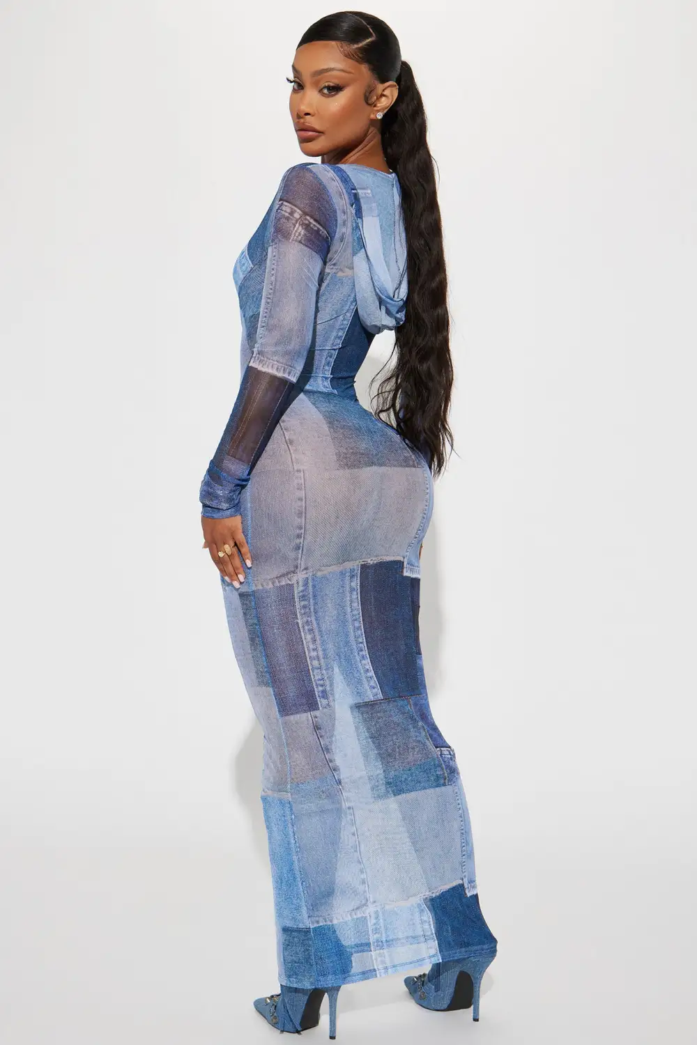 Dayna Hooded Mesh Maxi Dress - Denim