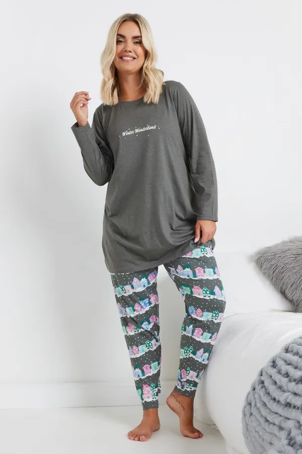 YOURS Curve Grey 'Winter Wonderland' Cuffed Pyjama Set