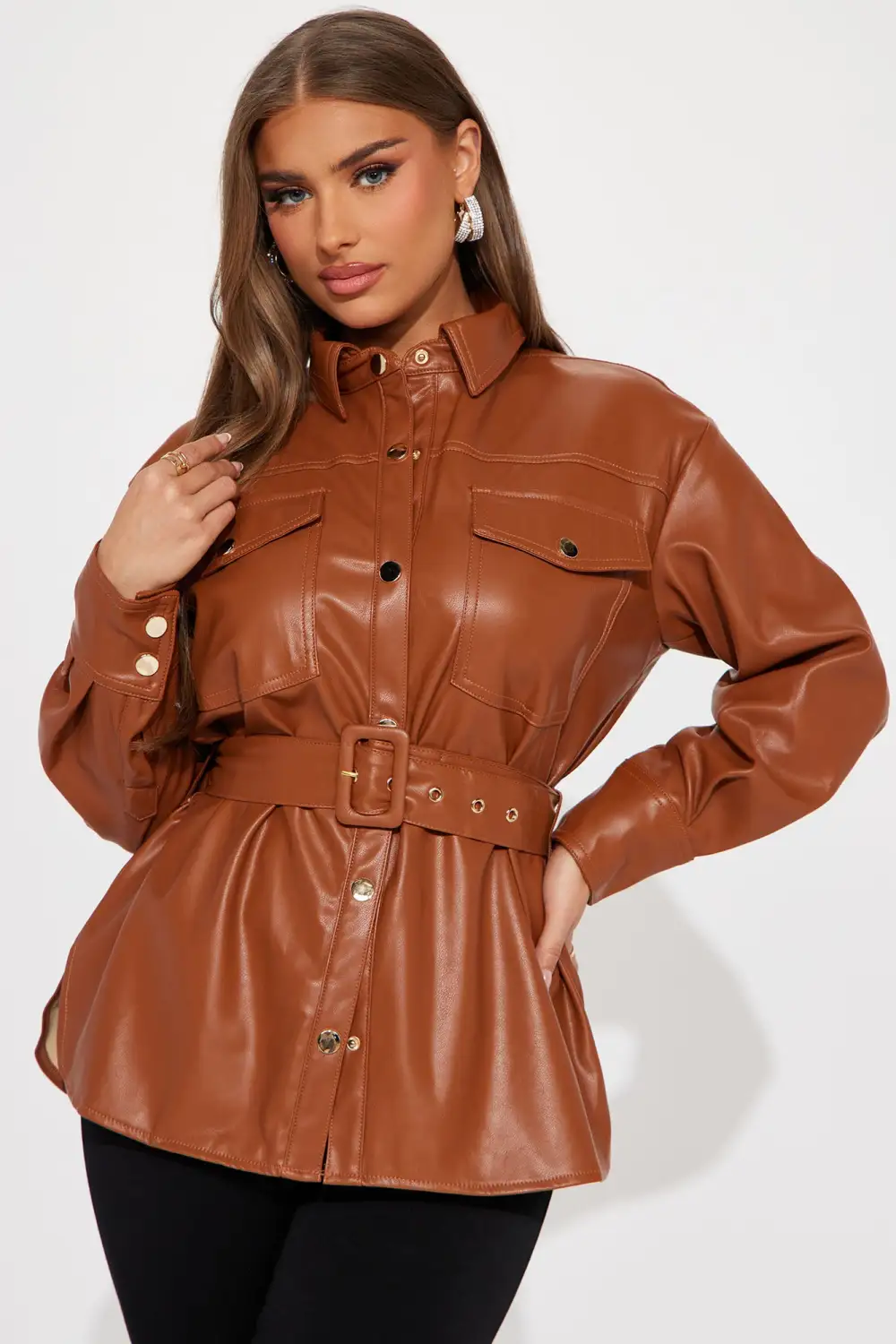Baylin Faux Leather Shirt - Cognac