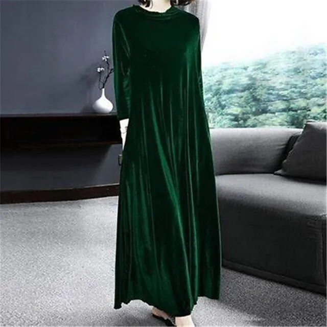 Women‘s Velvet Dress Shift Dress Caftan Dress Long Dress Maxi Dress Green Black Purple Long Sleeve Pure Color Pocket Winter Fall Spring Crew Neck Mature Winter Dress Daily Vacation 2023