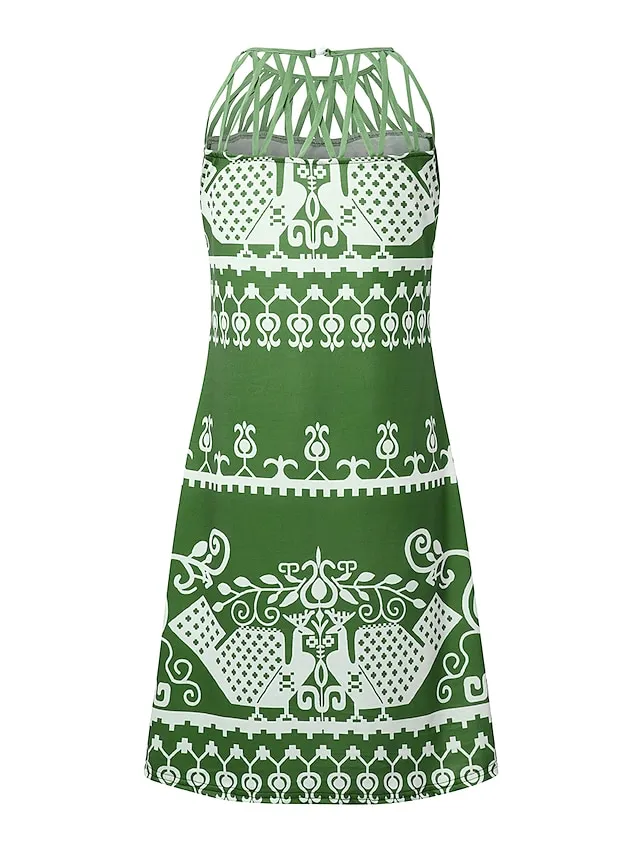 Women's Casual Dress Shift Dress Mini Dress Black Green Dark Blue Sleeveless Floral Ruched Spring Summer Halter Vintage Birthday Daily Ethnic Dress 2023 S M L XL XXL 3XL