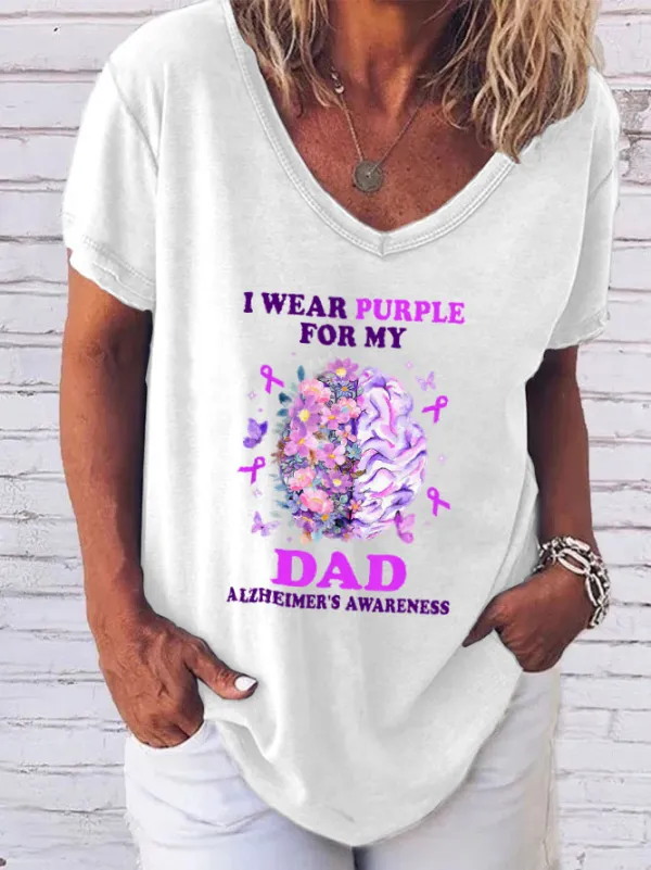 Women'S V-Neck Short-Sleeved T-Shirt I Wear Purple For My Dad Alzheimer'S Awareness Prints