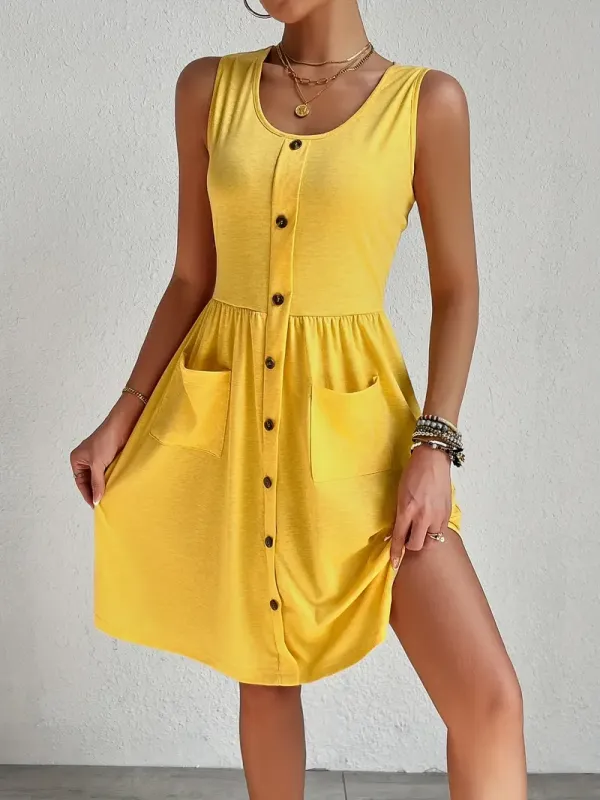 Chic Sleeveless V-Neck Dress for Women - Casual Solid Color with Button Detail, Perfect for Spring & Summer, Machine Washable