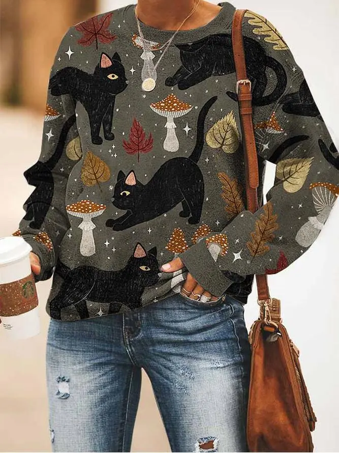 Loose casual black cat print sweatshirt