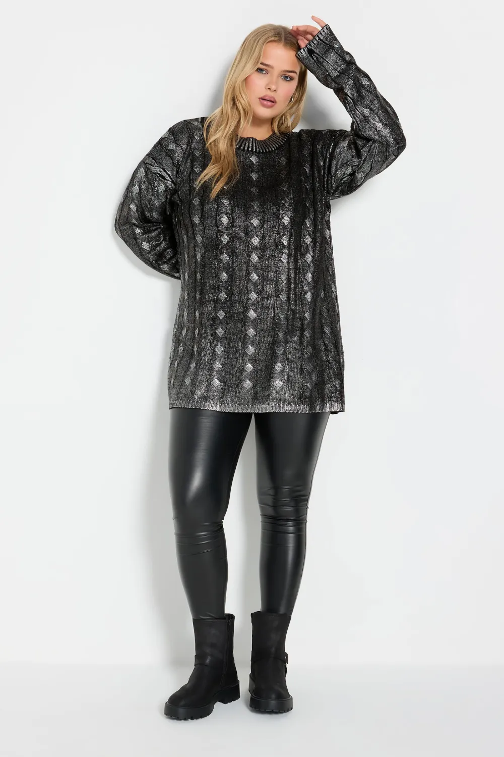 YOURS Curve Charcoal Grey Foil Cable Knit Tunic Jumper