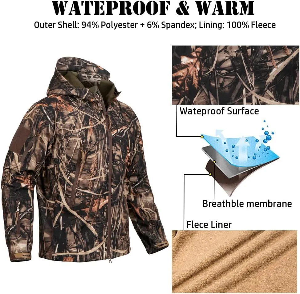 Men's Soft Shell Military Tactical Jacket Outdoor Camouflage Hunting Fleece Hooded Coat