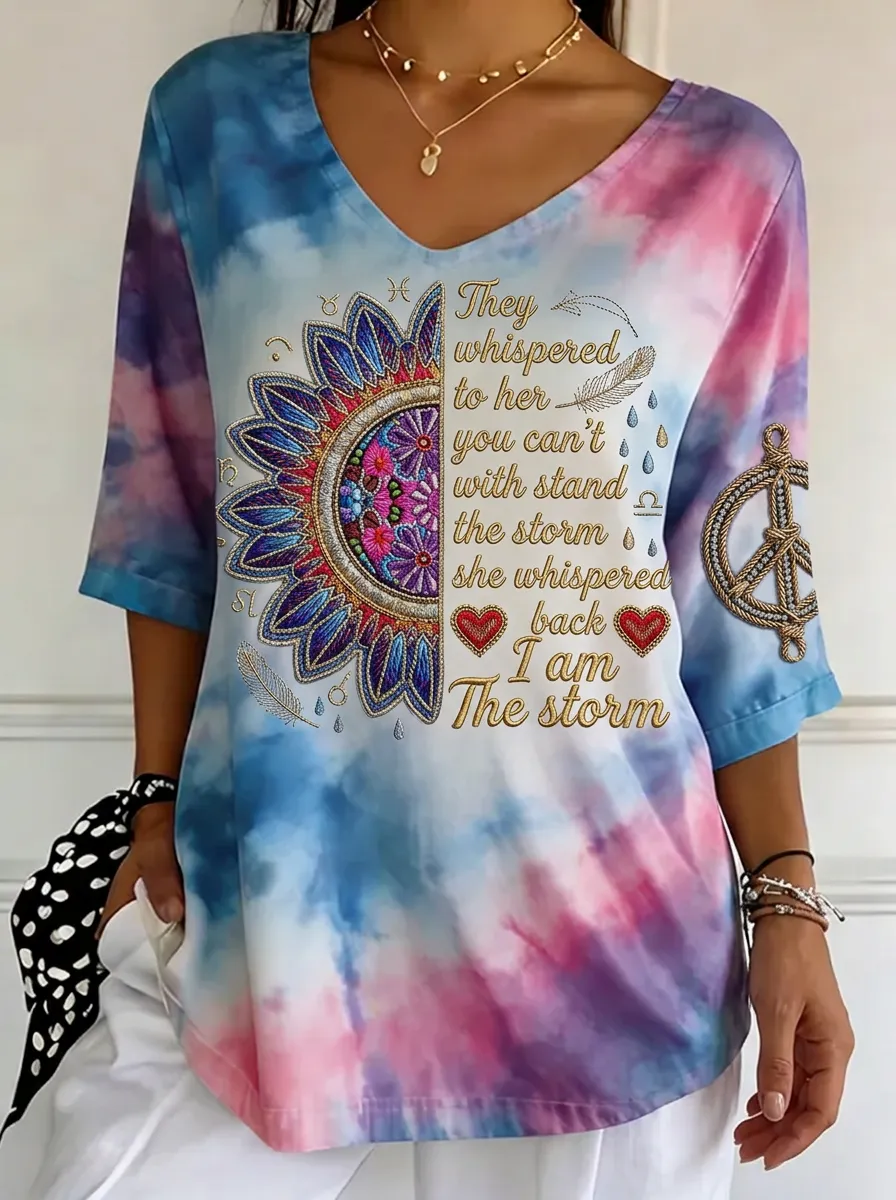 Women's I Am The Storm Sunflower Zodiac Printed Tie-Dye T-shirt