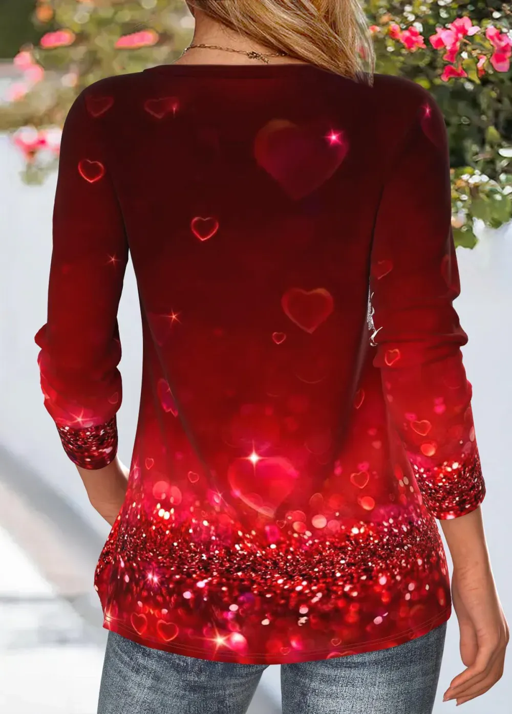 Deep Red Heart Print Long Sleeve T Shirt