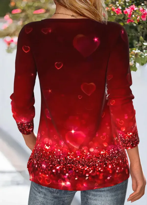 Deep Red Heart Print Long Sleeve T Shirt