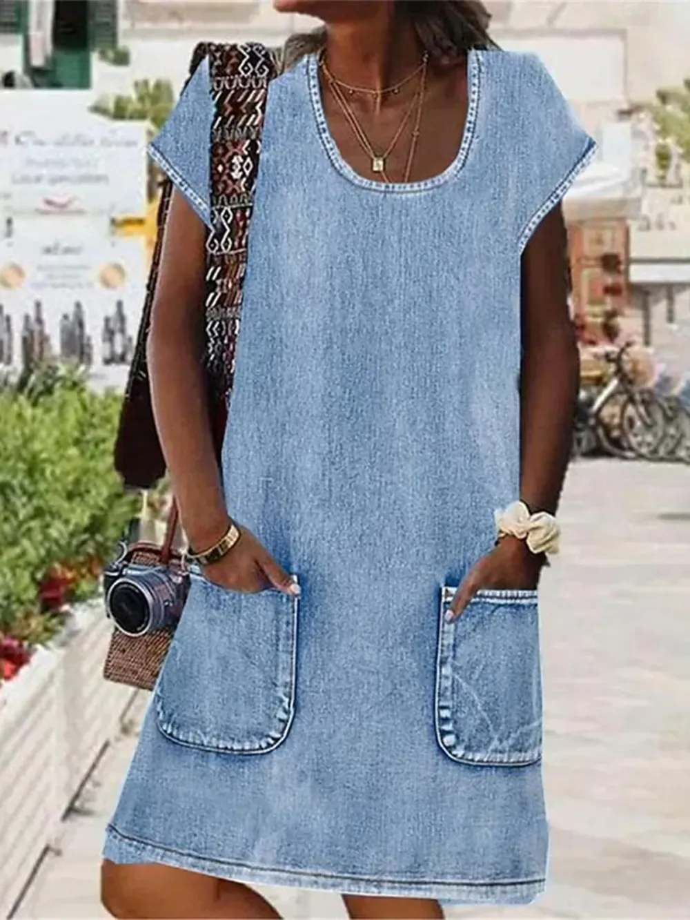 Washed Denim Button Front Sleeveless Mini Dress