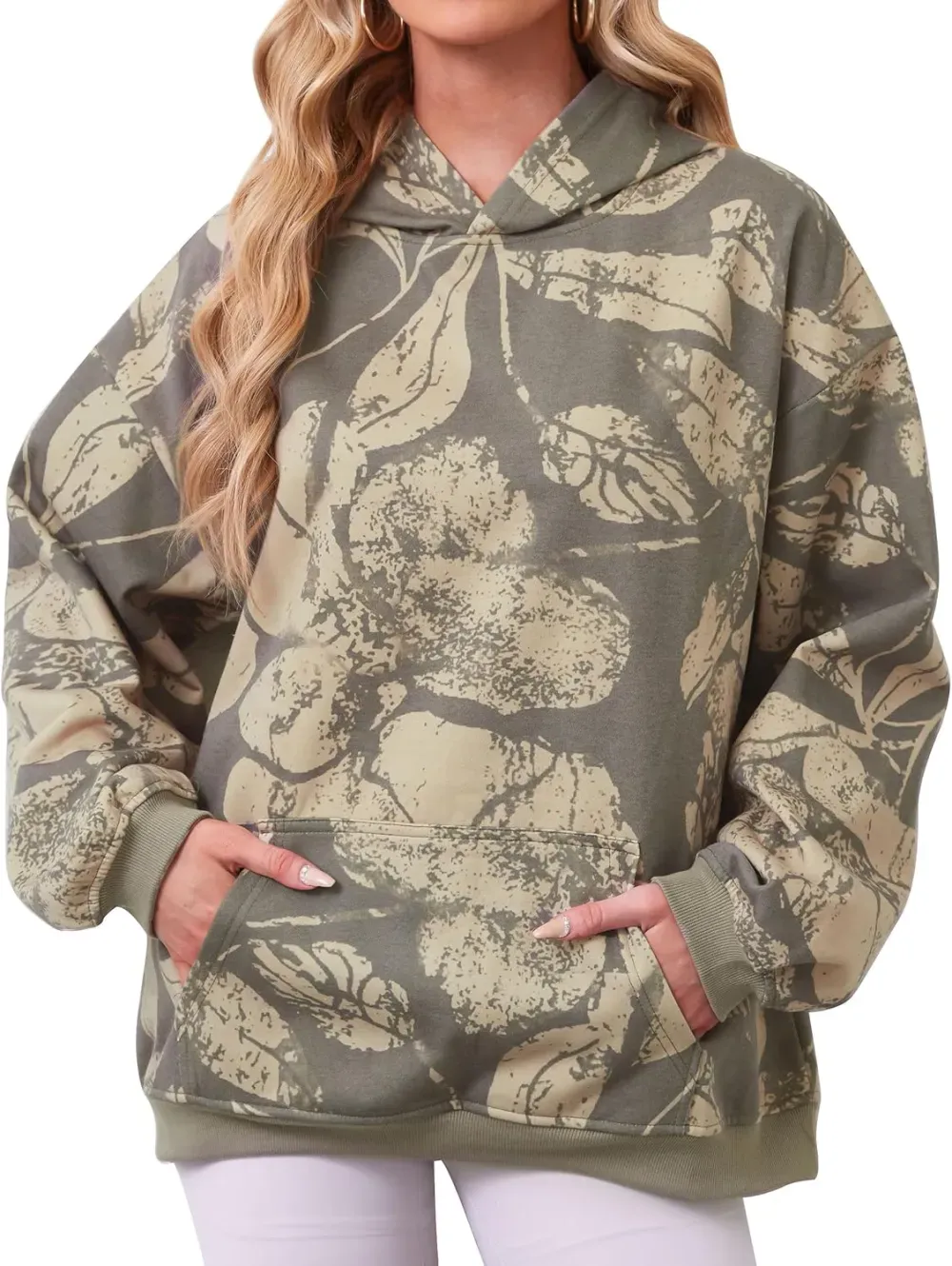 Womens Camo Hoodies Maple Leaf Print Oversized Hooded Sweatshirt Fleece Pullover Sweatshirts Long Sleeve with Pocket