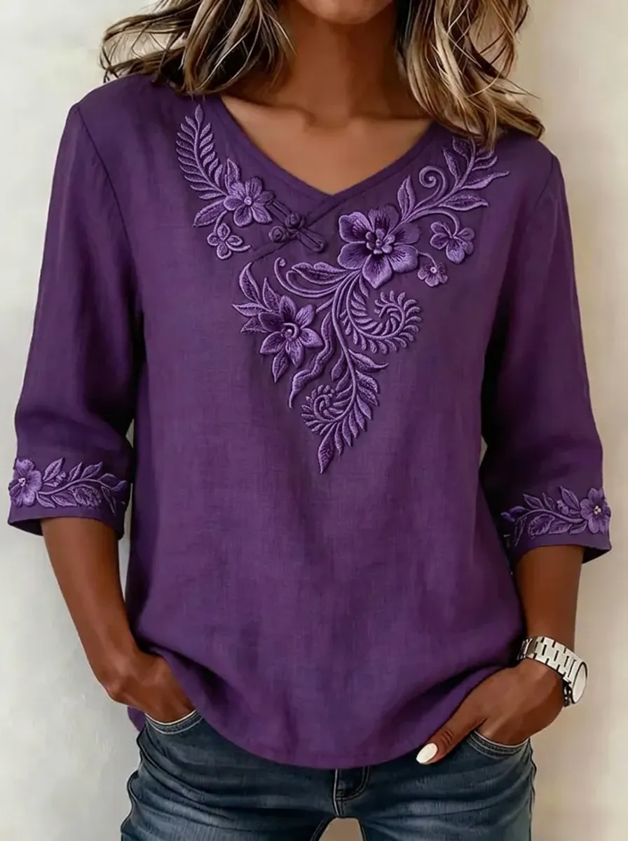 Women's Nashville Floral Embroidered V-Neck Linen Top