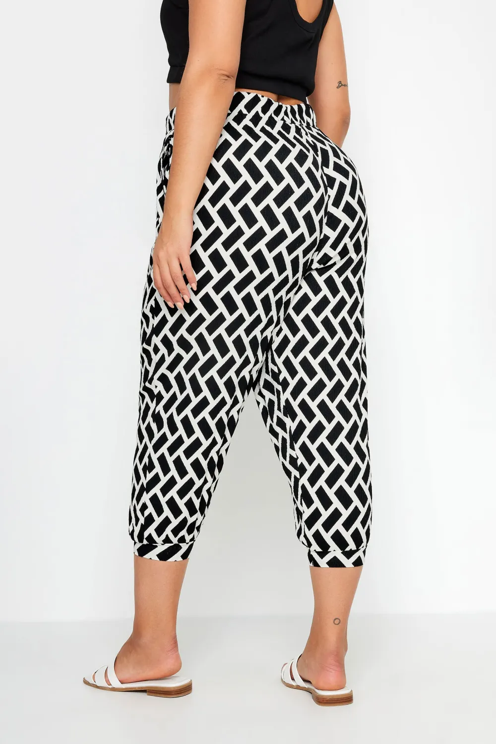 YOURS Curve Yellow Ikat Print Textured Cropped Harem Trousers