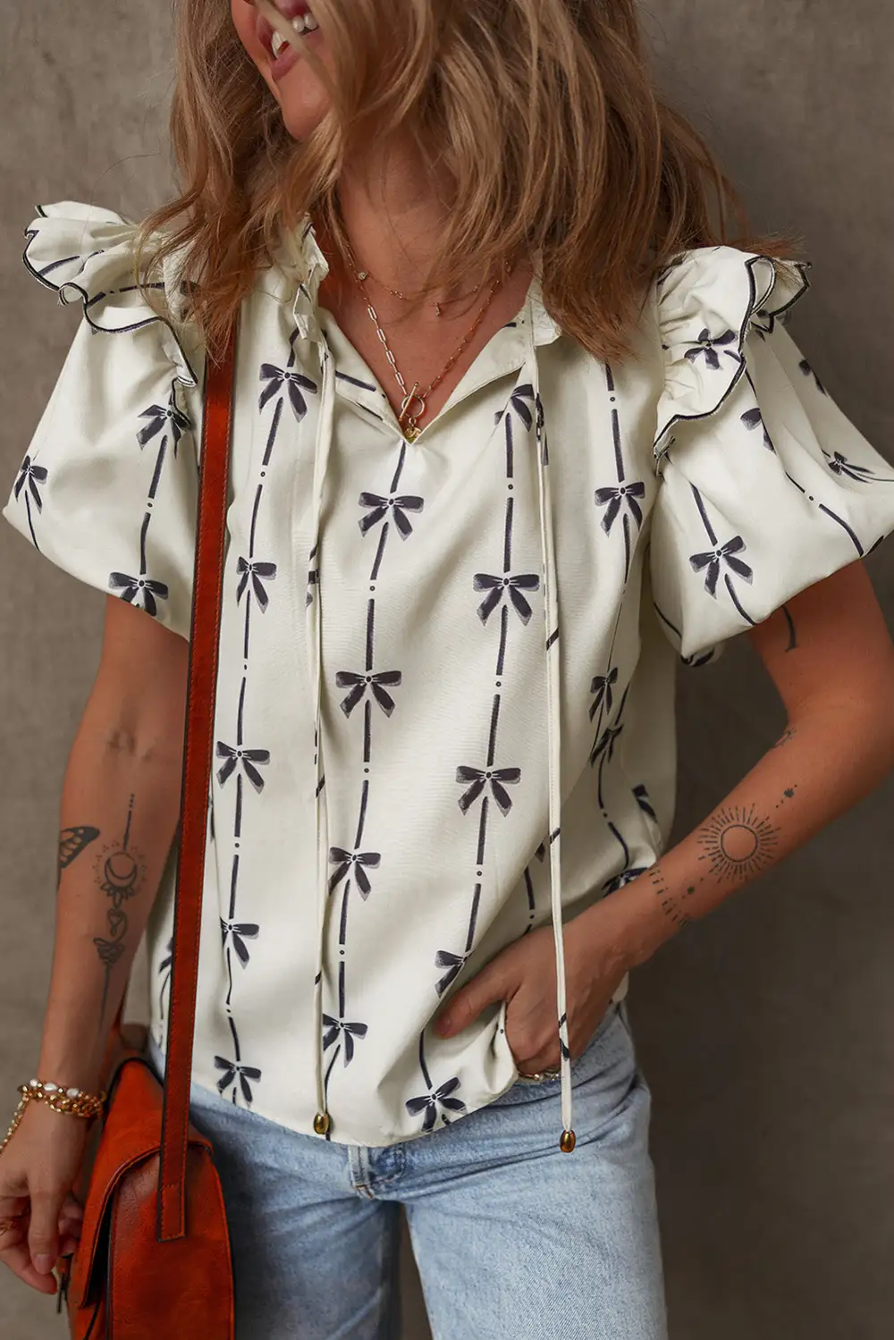 Everyday Striped Ruffled Bow Detail Blouse