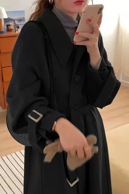 Solid Sleeve Belt Long Coat