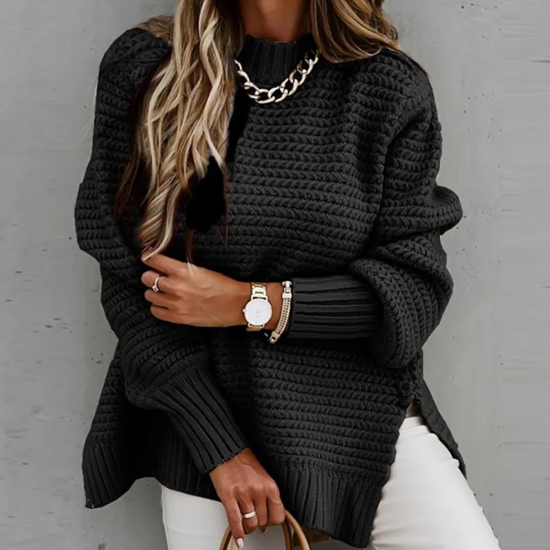 Simple Long Sleeved Thick Needle Tied Hand Side Slit Knit Sweater