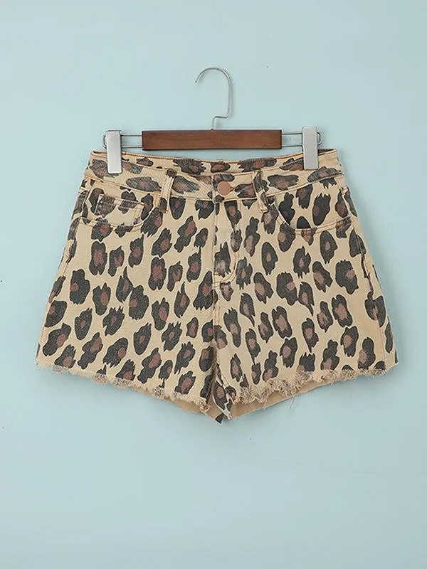 Leopard Print Fashion Frayed Casual Hot Pants Denim Shorts