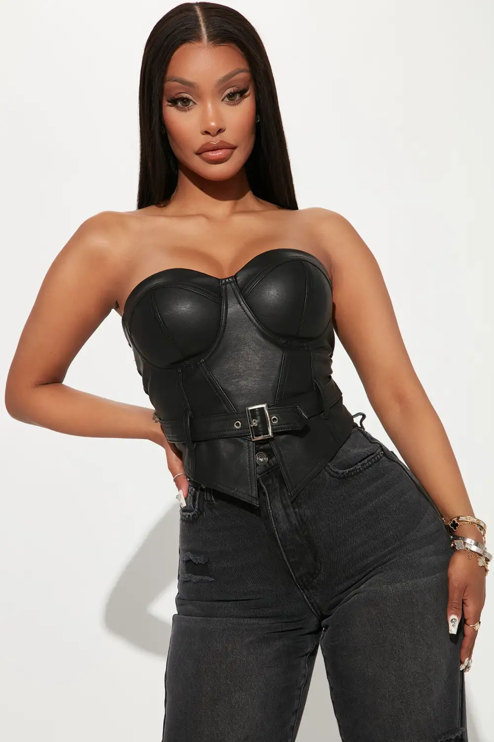 Sasha PU Leather Bustier Top - Black