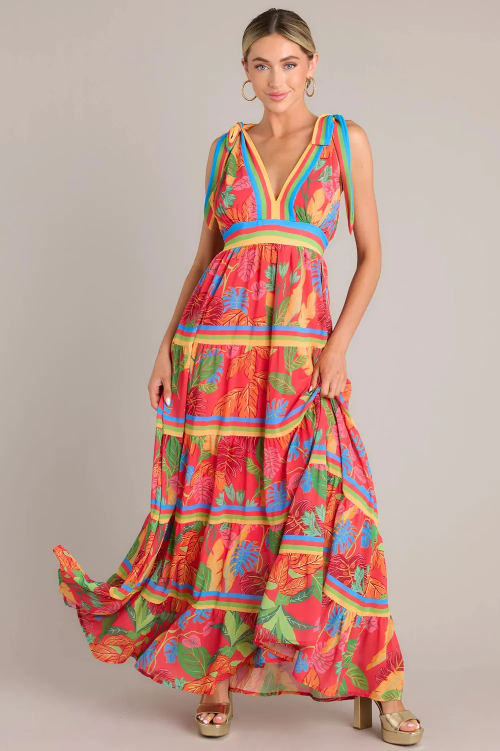 Flow Like Leaves Red Print Maxi Dress