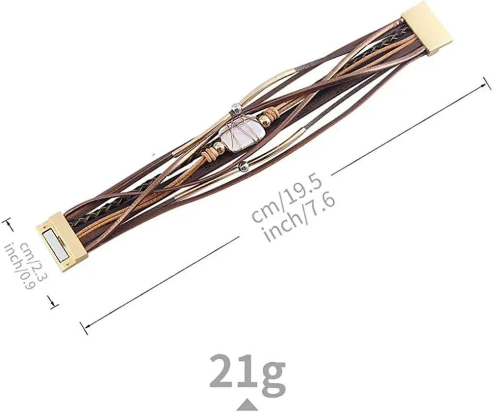 Fesciory Leather Wrap Bracelets for Women, Boho Leopard Multi-Layer Crystal Beads Cuff Bracelet Jewelry