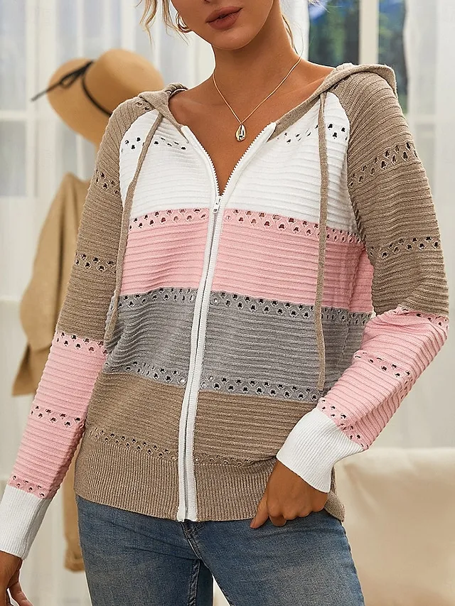 Women's Sweater Jacket Casual Sweater Crew Neck Knit Zipper Hooded Spring Fall Daily Casual Soft Long Sleeve Color Block Black Pink