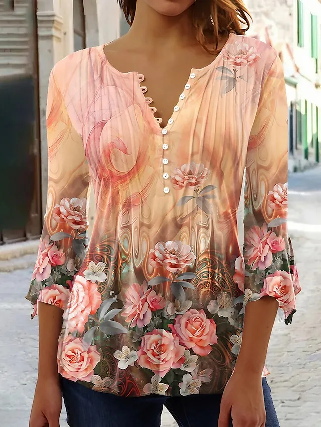 Women's Shirt Blouse Floral Orange Button Print 3/4 Length Sleeve Holiday Weekend Streetwear Casual Round Neck Regular Fit