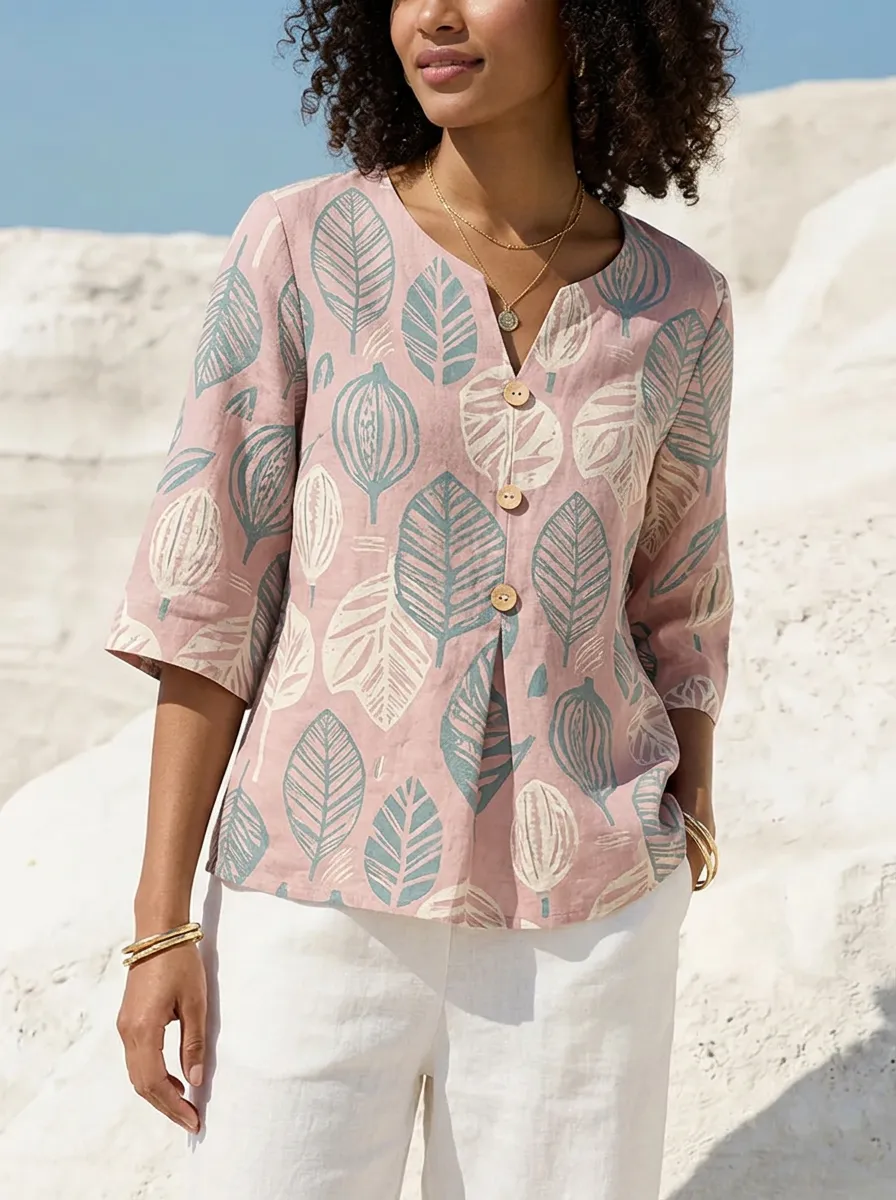 Women's Nashville Botanical Leaf Printed V-Neck Button-Up Top
