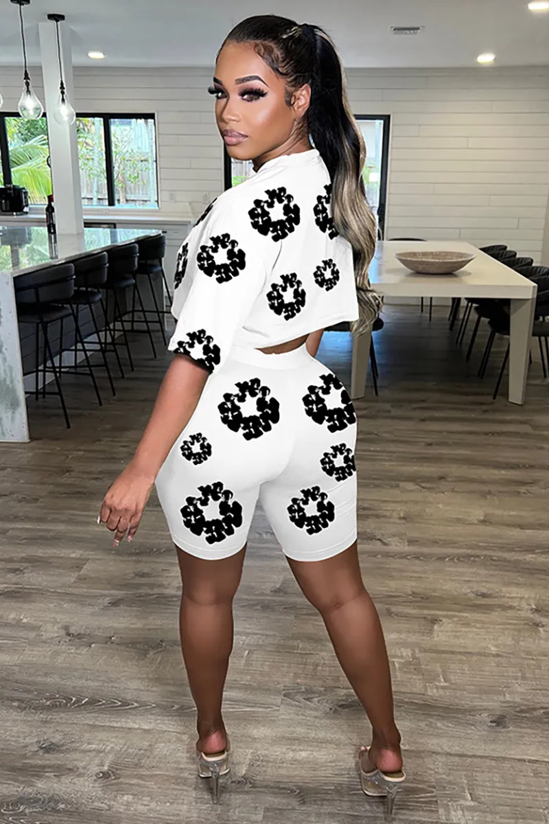 Graphic Print Short Sleeve Crop Top Slim Fit Shorts Matching Set-Black