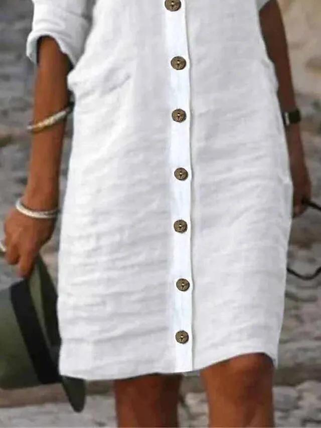Women's Shirt Dress Casual Dress Cotton Linen Dress Midi Dress Cotton Blend Fashion Basic Outdoor Daily Shirt Collar Button Half Sleeve Summer Spring Fall 2023 Regular Fit Black White Green Plain S M