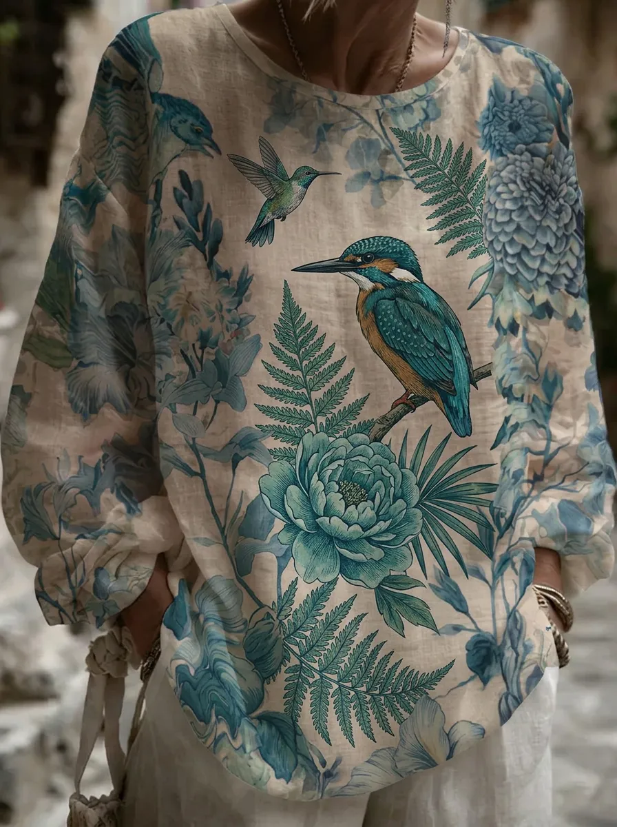 Women's Nature Lover Kingfisher Hummingbird Floral Printed Top