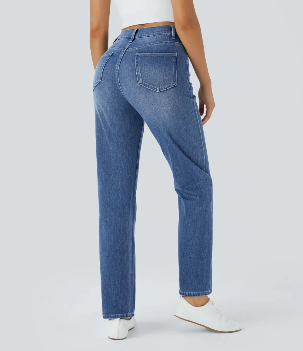 High Waisted Multiple Pockets Straight Leg Washed Stretchy Knit Casual Jeans