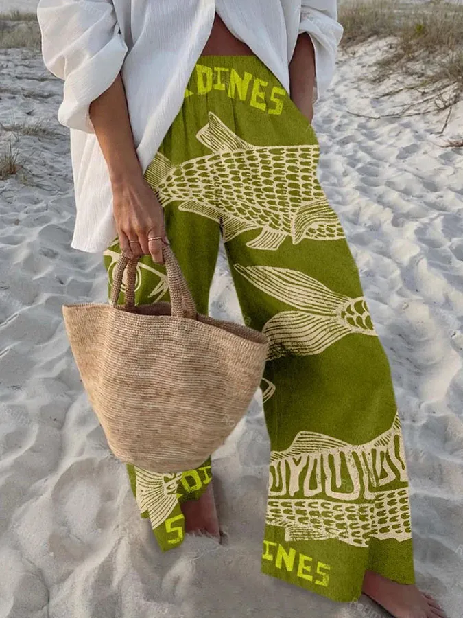 Women'S Retro Fish Pattern Unique Ocean Print Elastic Waist Loose Pocket Casual Pants