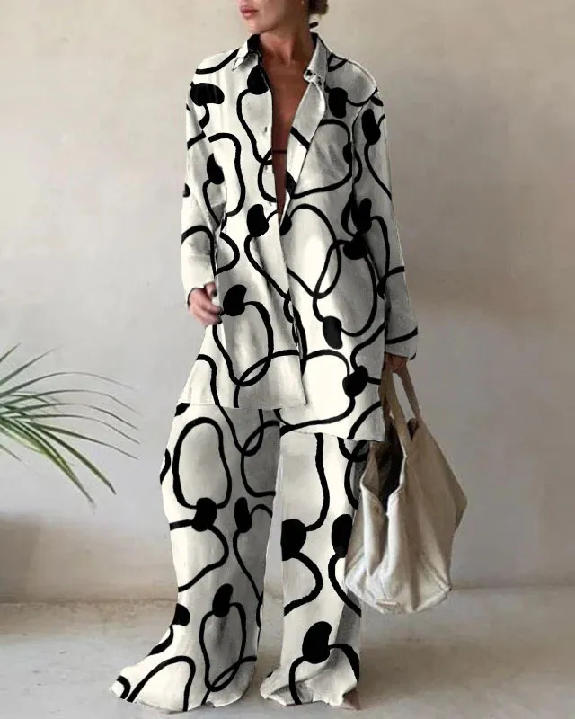 Fashion Print Loose Long Sleeve Shirt + Straight Pants Two Piece Set
