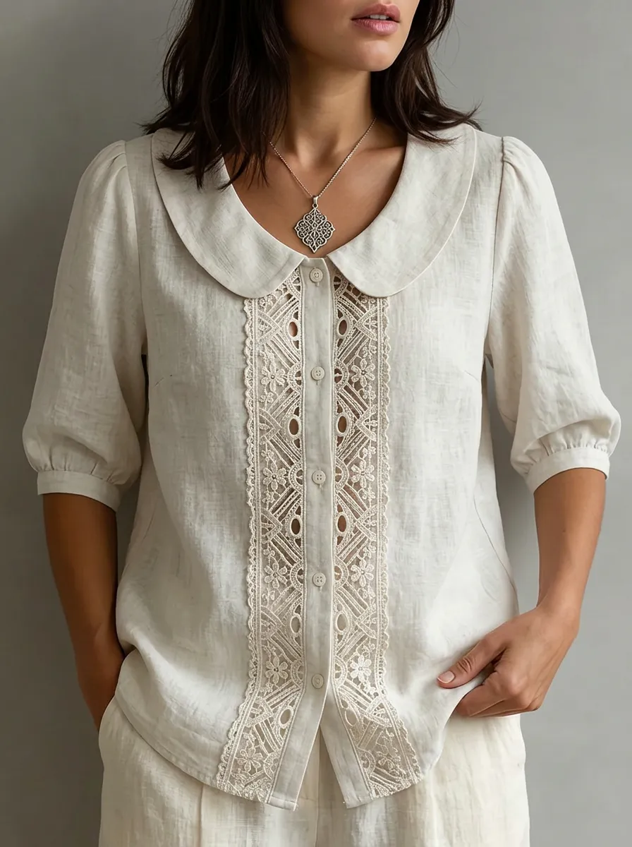 Women's Nashville Vintage Lace Trimmed Button-up Linen Shirt