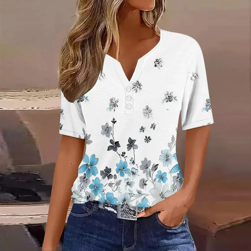 Shirts for Women Casual Printed Summer Tops Short-Sleeved Button V-Neck Tops Blouse Fashion Boho T-Shirts