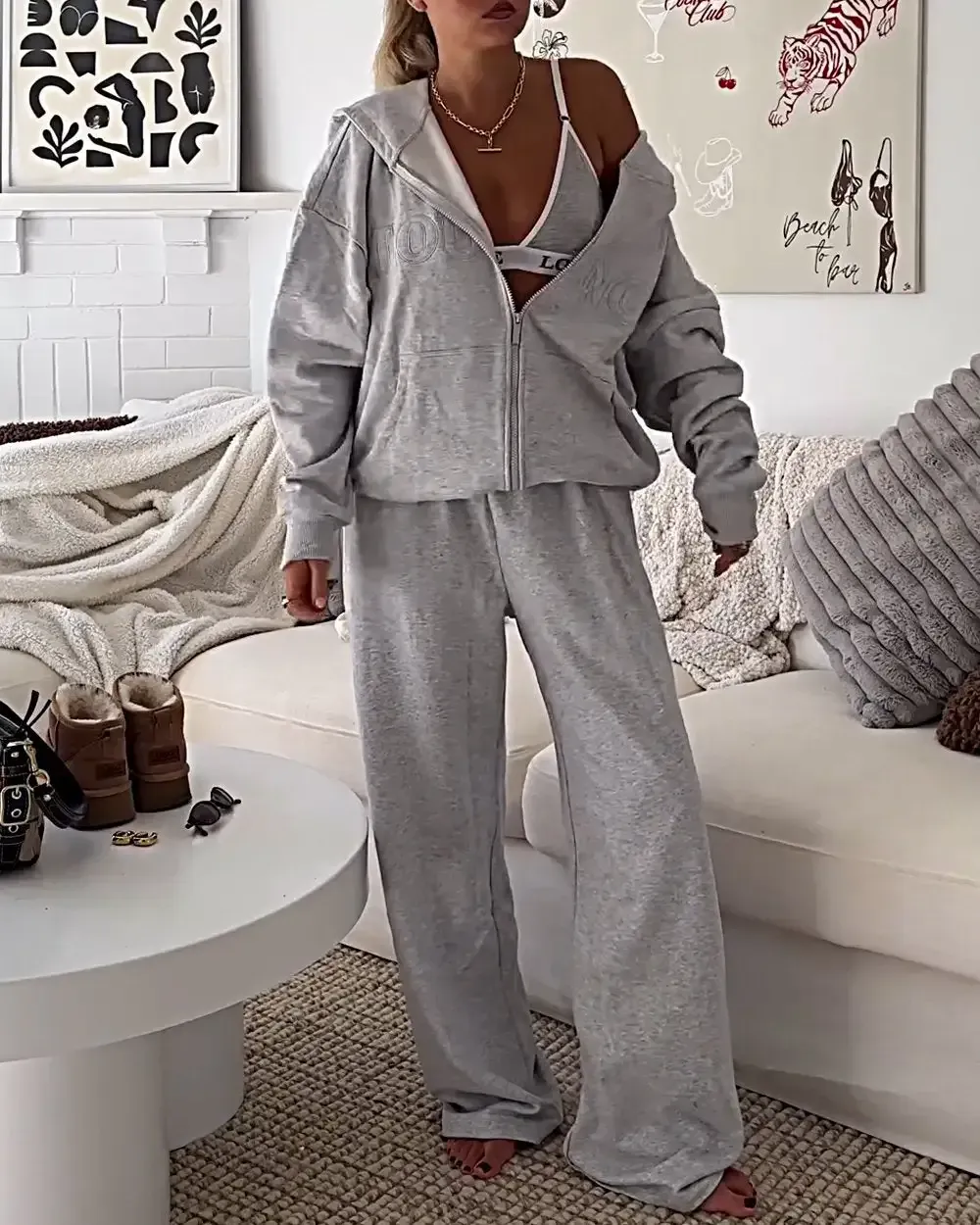 Women's Solid Color Letter Top Casual Suit