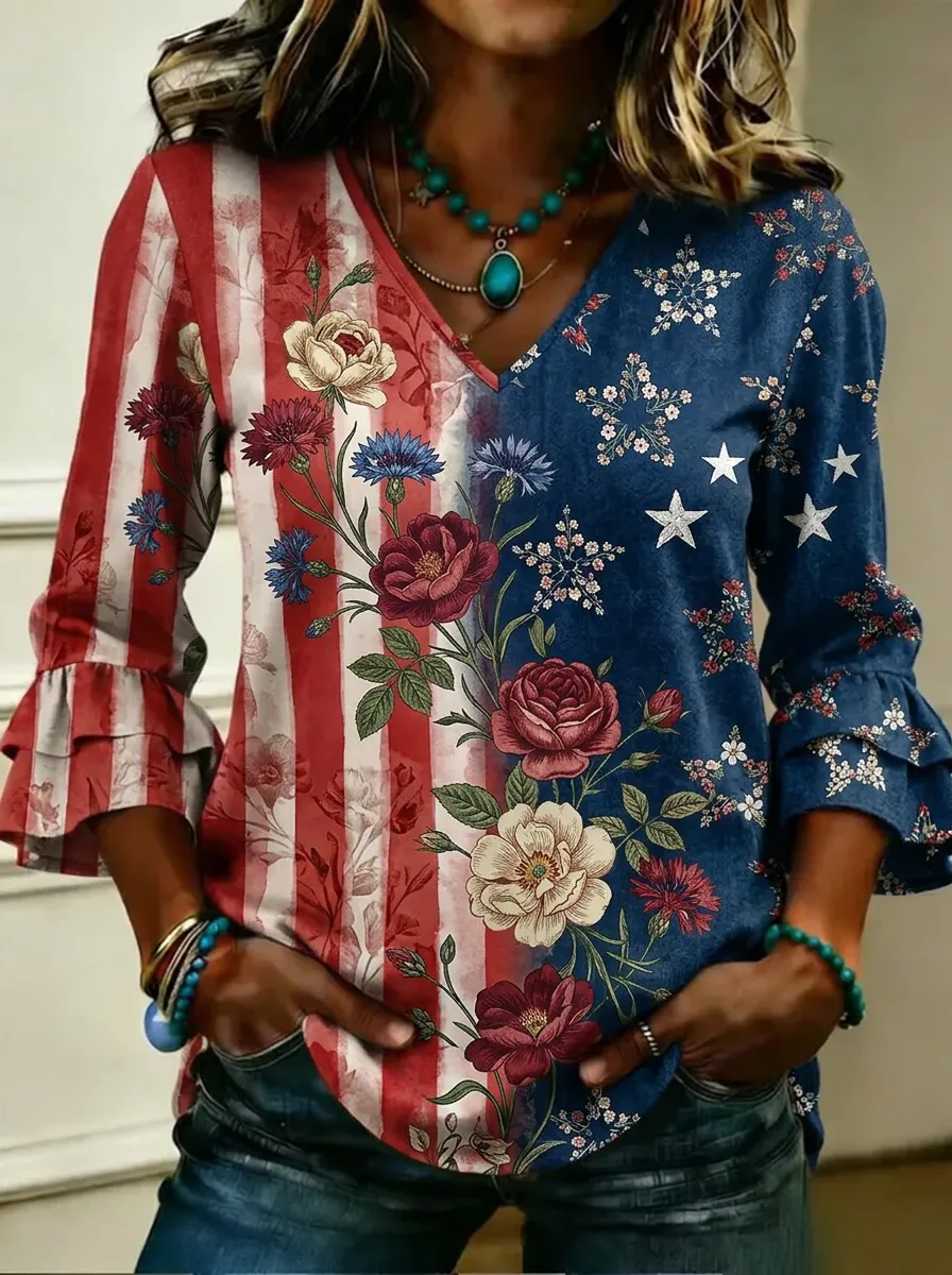 Women's Nashville Patriotic Floral Star Striped Printed V-neck Top