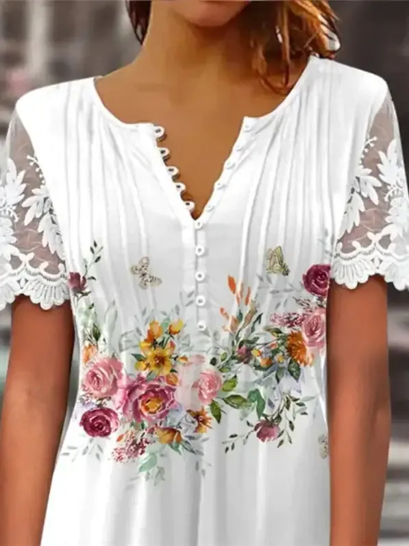 Women's Short Sleeve V-Neck Lace Graphic Floral Printed Top