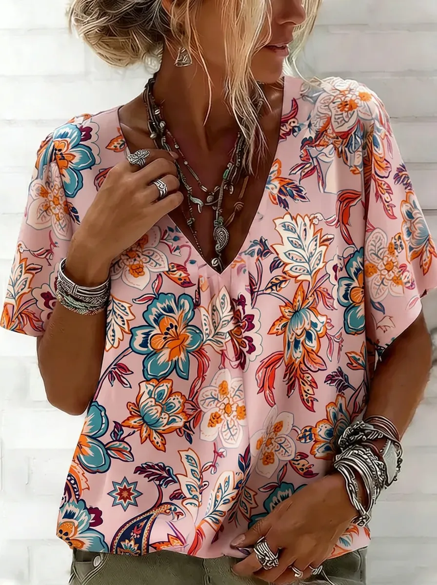 Women's Nashville Boho Floral Printed V-neck Top