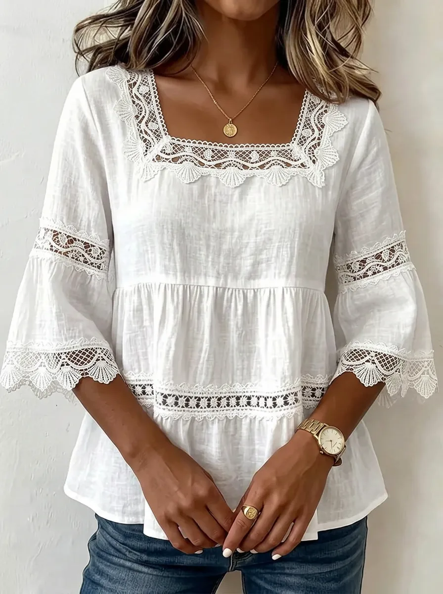 Women's Nashville Country Style Lace Trimmed Cotton Blouse