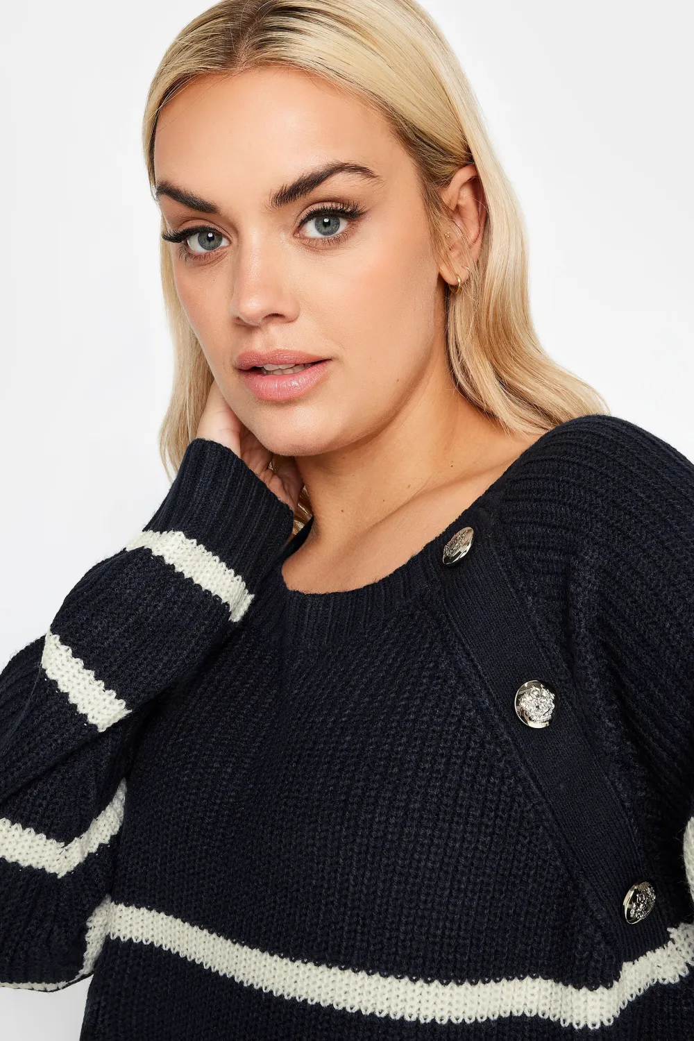YOURS Curve Ivory White Stripe Button Detail Jumper