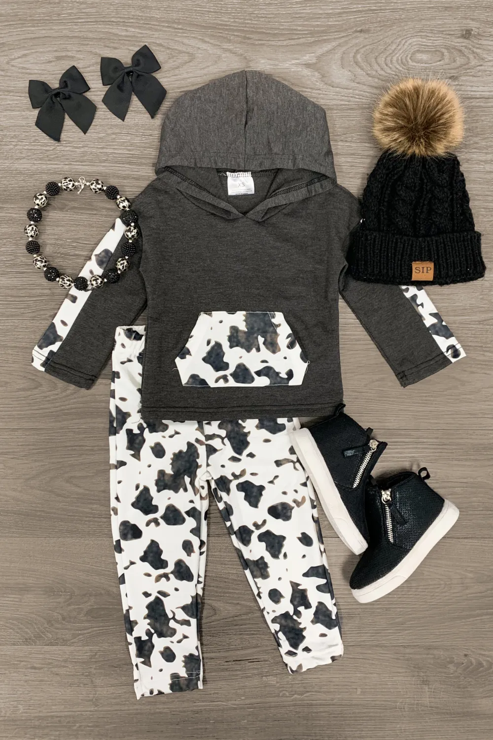 Gray & White Cow Print Pant Set