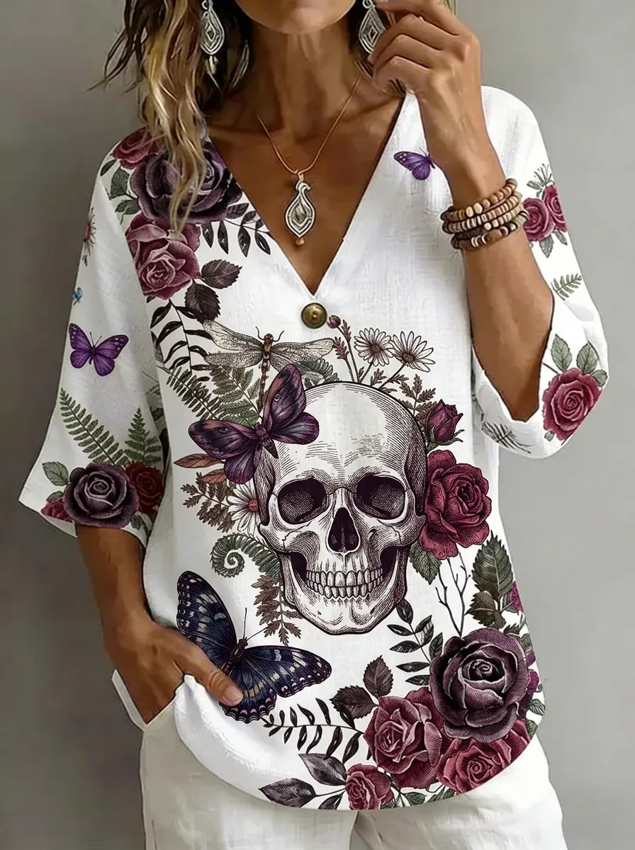 Women's Nashville Skull Butterfly Rose Printed V-neck Top